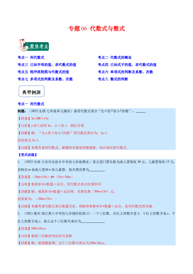 专题06代数式与整式(解析版)_北师大初中数学_7上-北师大版初中数学_7上-初中数学北师大（旧版）赠送_06专项讲练