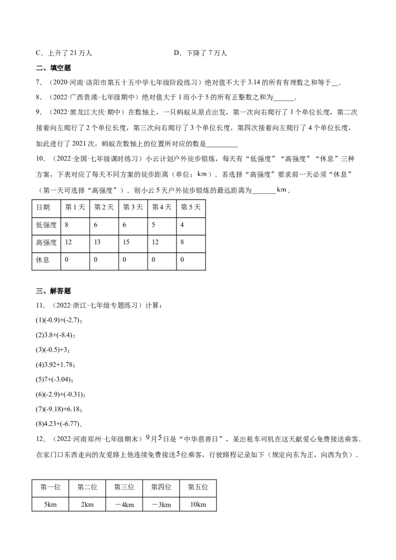 2.4有理数的加法（分层练习）（原卷版）_北师大初中数学_7上-北师大版初中数学_7上-初中数学北师大（旧版）赠送_05习题试卷_1课时练习_同步练习（第1套）