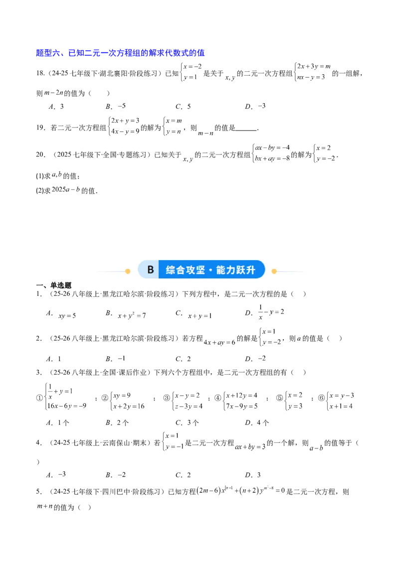 专题01二元一次方程（组）及二元一次方程（组）的解（6大题型）（专项训练）（学生版）_北师大初中数学_8上-北师大版初中数学_初中数学北师大8上-2025秋季新版_第二套推荐25_第1套