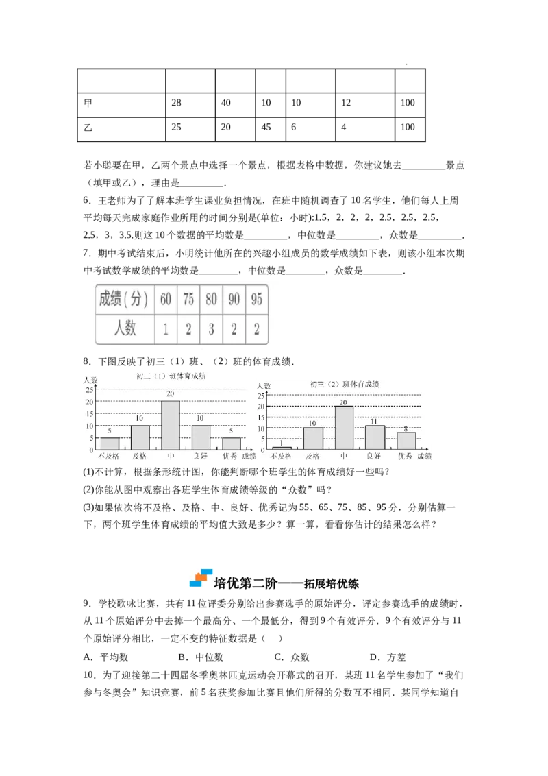 6.3从统计图分析数据的集中趋势（原卷版）_北师大初中数学_8上-北师大版初中数学_旧版_05习题试卷_1课时练习_同步练习（第2套）
