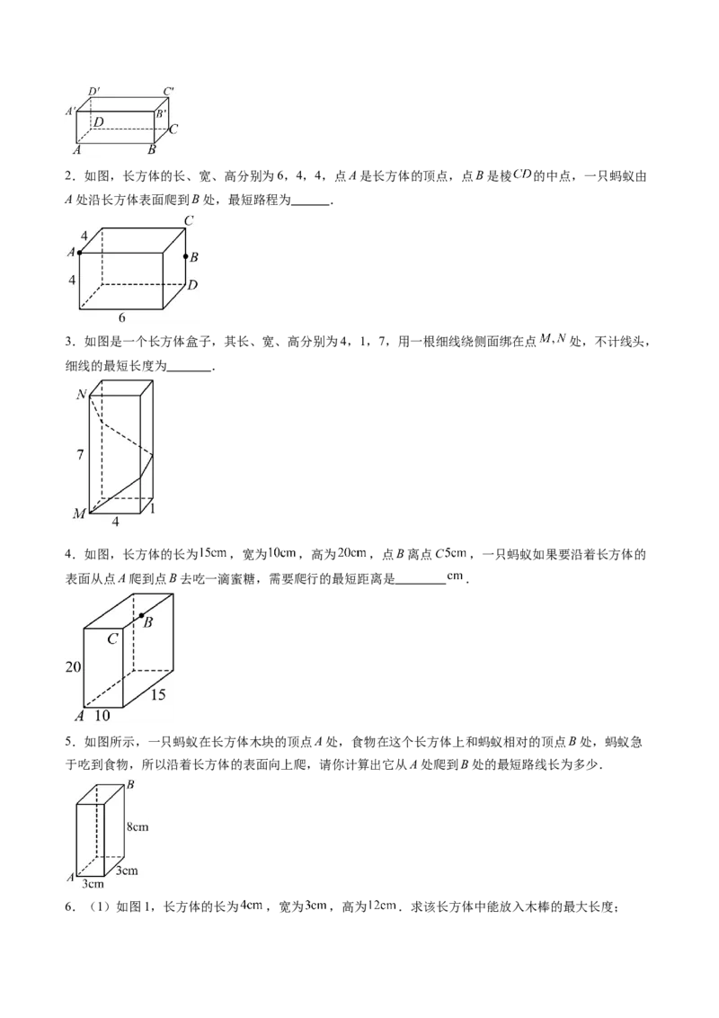 专题01利用勾股定理求最短路径问题的四种模型（高效培优专项训练）（学生版）_北师大初中数学_8上-北师大版初中数学_初中数学北师大8上-2025秋季新版_第二套推荐25_08专项讲练