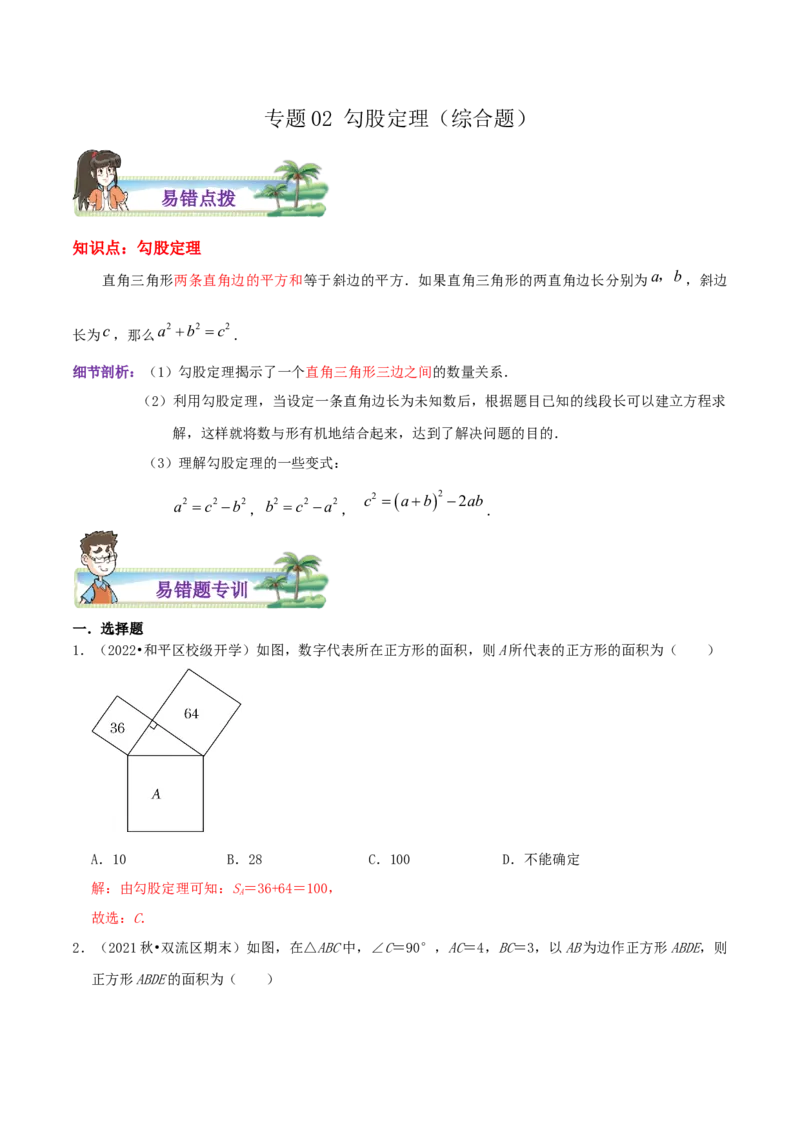 专题02勾股定理综合题（解析版）_北师大初中数学_8上-北师大版初中数学_旧版_06专项讲练_培优方案2022-2023学年八年级数学上册章节重点复习考点讲义（北师大版）