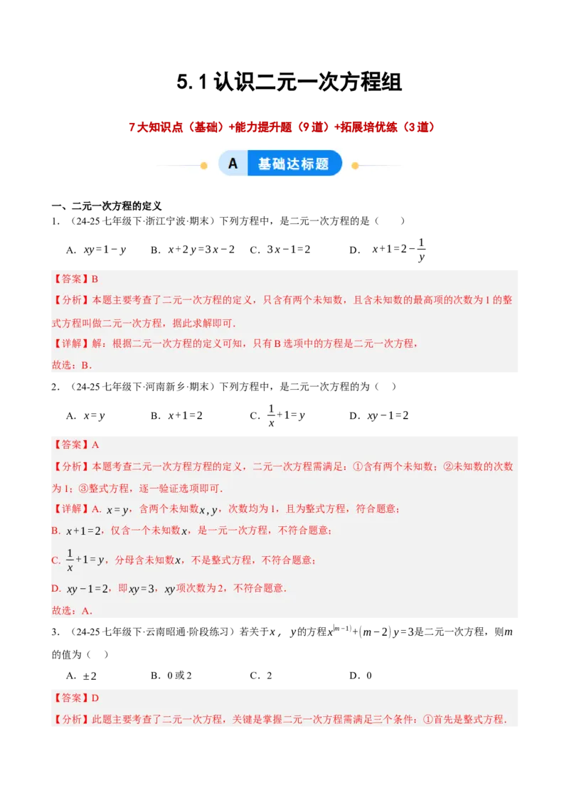 5.1认识二元一次方程组（分层作业）（解析版）_北师大初中数学_8上-北师大版初中数学_初中数学北师大8上-2025秋季新版_第二套推荐25_07习题试卷_同步练习_分层作业