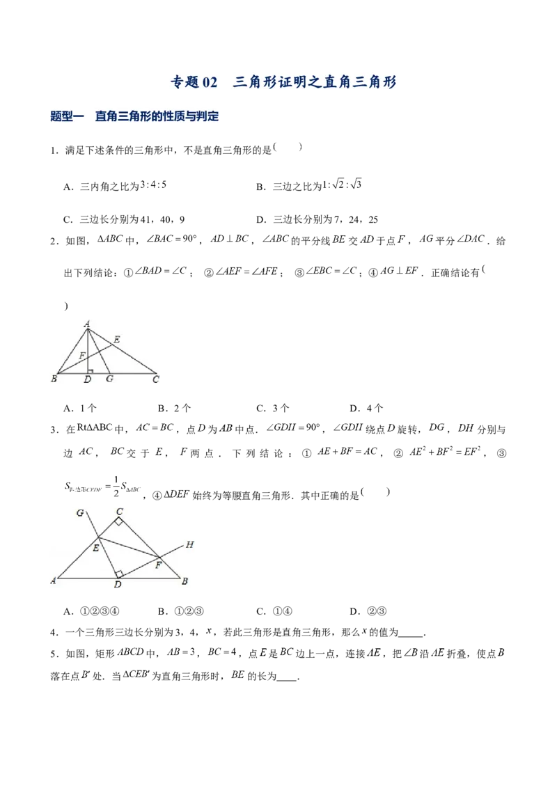 专题02三角形证明之直角三角形（原卷版）-重难点突破八年级数学下册常考题专练（北师大版）_北师大初中数学_8下-北师大版初中数学_旧版-可参考_06专项讲练