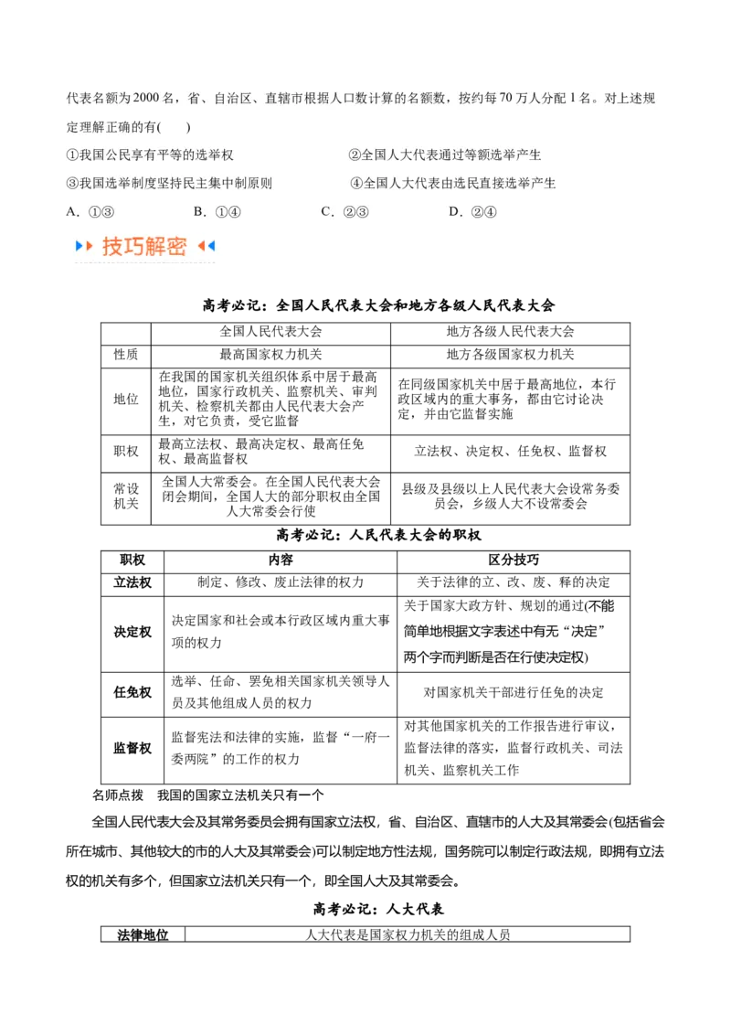 专题12民主篇&mdash;&mdash;人民当家作主（讲义）（原卷版）_8.2025政治总复习_2024年新高考资料_2.2024二轮复习