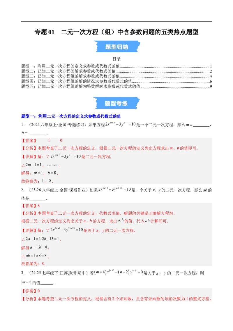 专题01二元一次方程（组）中含参数问题的五类热点题型（高效培优专项训练）数学北师大版八年级上册（解析版）_北师大初中数学_8上-北师大版初中数学_初中数学北师大8上-2025秋季新版