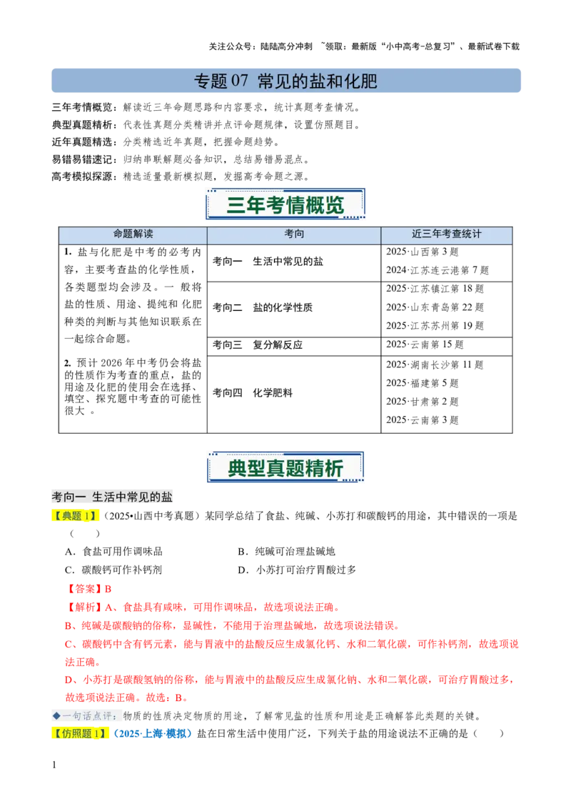 专题07常见的盐和化肥（解析版）_02中考总复习（2026版更新中）_05-化学-中考总复习_2026年中考复习（更新中）_备战2026年中考化学真题题源解密