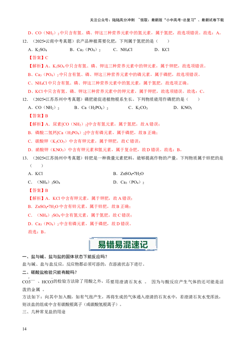 专题07常见的盐和化肥（解析版）_02中考总复习（2026版更新中）_05-化学-中考总复习_2026年中考复习（更新中）_备战2026年中考化学真题题源解密