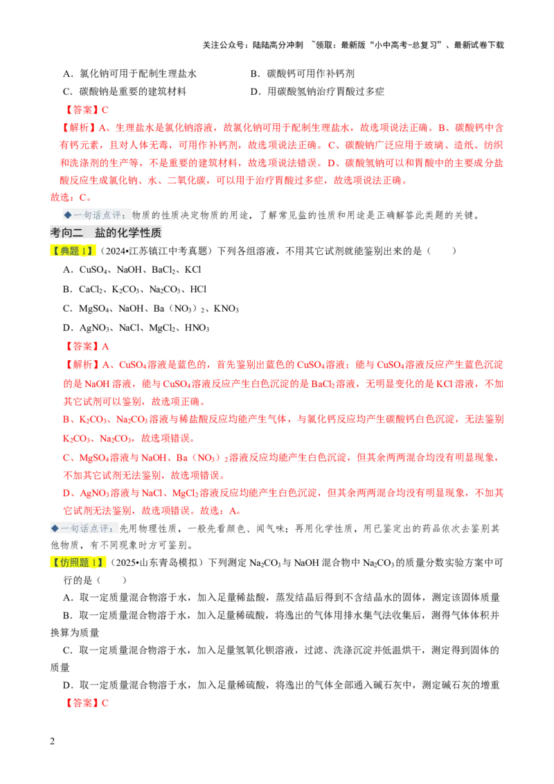 专题07常见的盐和化肥（解析版）_02中考总复习（2026版更新中）_05-化学-中考总复习_2026年中考复习（更新中）_备战2026年中考化学真题题源解密