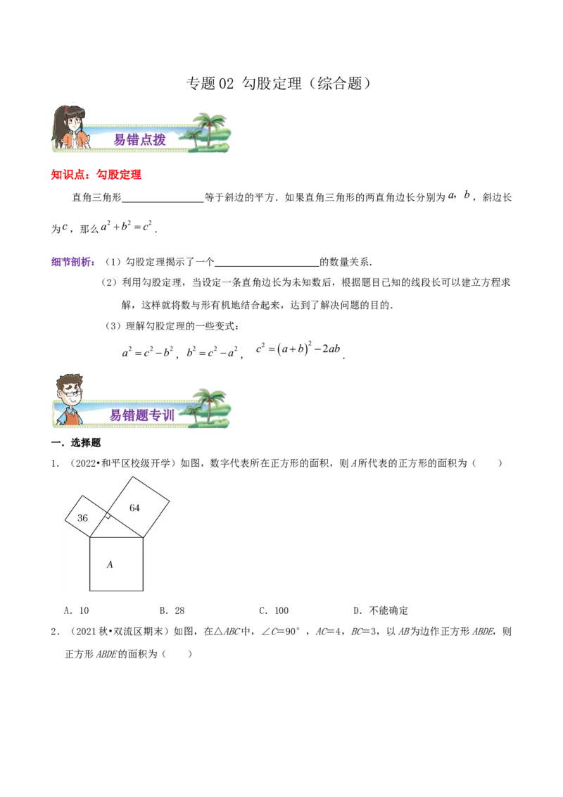专题02勾股定理综合题（原卷版）_北师大初中数学_8上-北师大版初中数学_旧版_06专项讲练_培优方案2022-2023学年八年级数学上册章节重点复习考点讲义（北师大版）