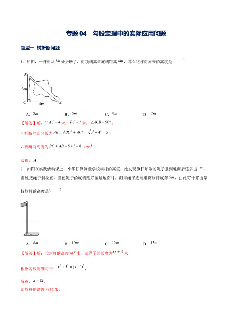 专题04勾股定理中的实际应用问题（解析版）-重难点突破2021-2022学年八年级数学上册常考题专练（北师大版）_北师大初中数学_8上-北师大版初中数学_旧版_06专项讲练