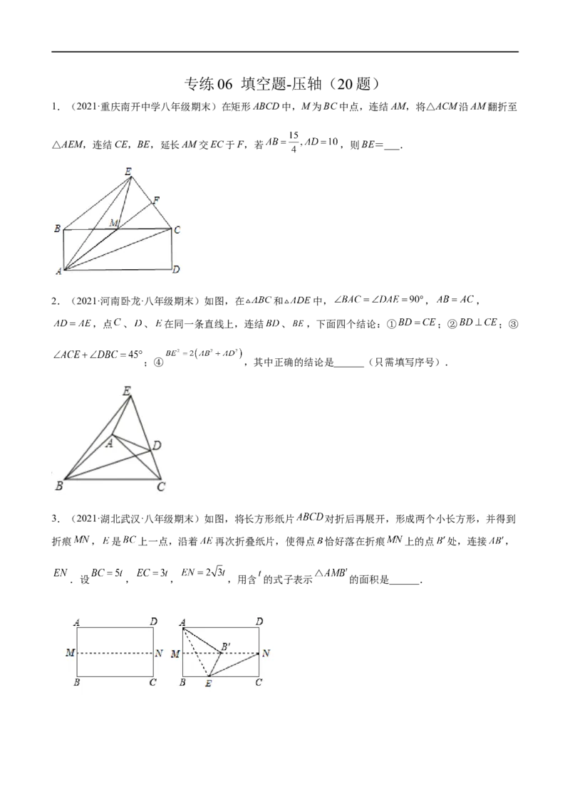 专练06填空题-压轴（20题）-八年级数学上学期期末考点必杀200题（北师大版）（原卷版）_北师大初中数学_8上-北师大版初中数学_旧版_05习题试卷_5专项练习