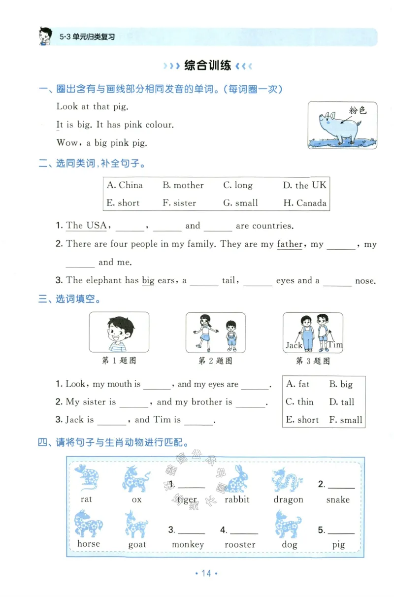 小学英语《53单元归类复习》3B_26春四年级上下册人教版_四上英语合集人教版PEP英语四年级上册新教材（教学视频+课件+动画+音频+练习+教案）_17练习资料_《53单元归类复习》_3-6下册