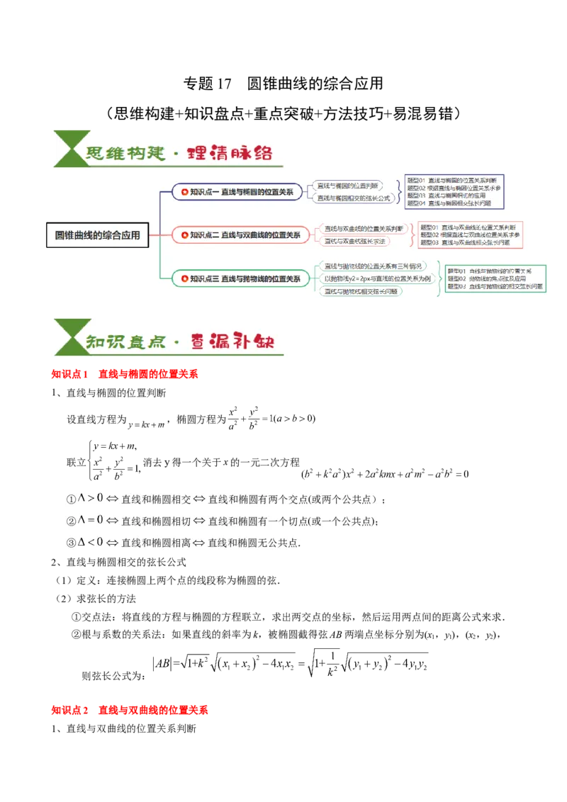 专题17圆锥曲线的综合应用（3知识点+6重难点+5方法技巧+3易错易混）（原卷版）_02高考数学_2025年新高考资料_一轮复习_上好课2025年高考数学一轮复习知识清单3246850