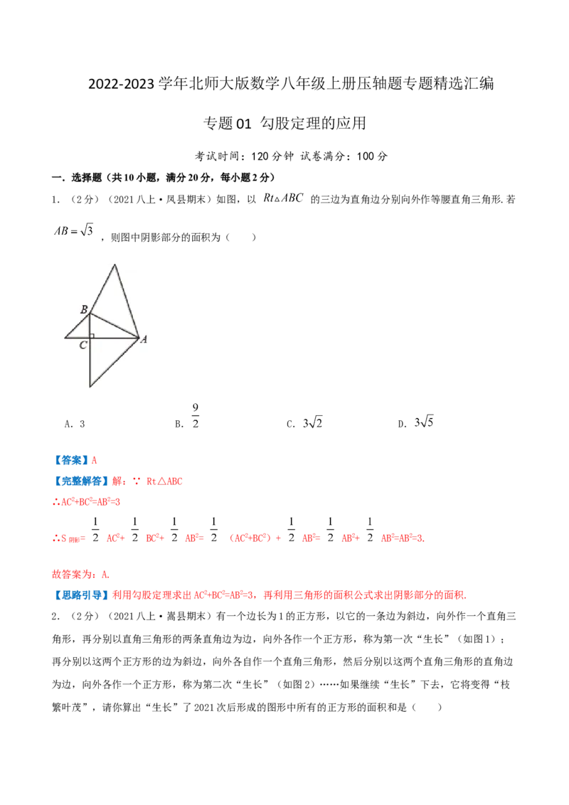 专题01勾股定理的应用（解析版）_北师大初中数学_8上-北师大版初中数学_旧版_06专项讲练_挑战压轴题2022-2023学年八年级数学上册压轴题专题精选汇编（北师大版）