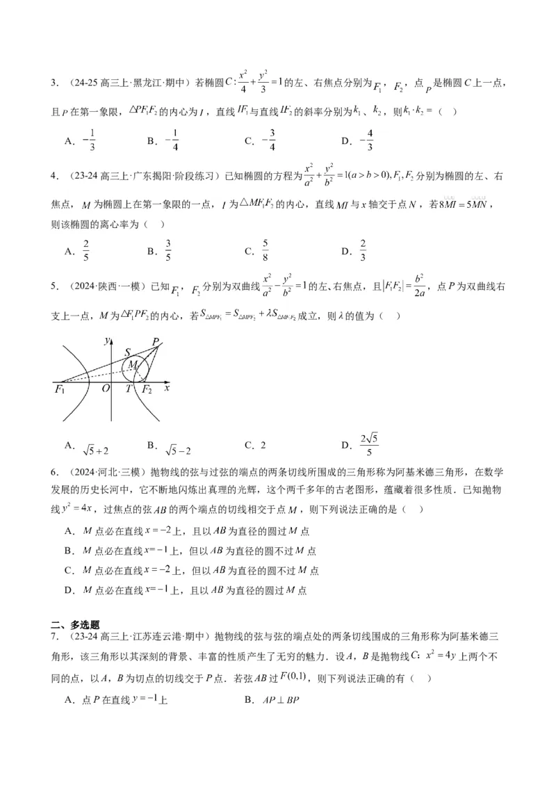 专题14阿基米德三角形与椭圆、双曲线焦点三角形内切圆问题（3大题型）-2025年高考数学二轮热点题型归纳与变式演练（新高考通用）（原卷版）_02高考数学_2025年新高考资料_二轮复习