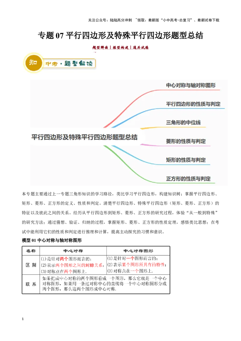 专题07平行四边形及特殊平行四边形题型总结（原卷版）_02中考总复习（2026版更新中）_02-数学-中考总复习_2024年中考复习资料_二轮复习资料_完2024年中考数学解题技巧模板