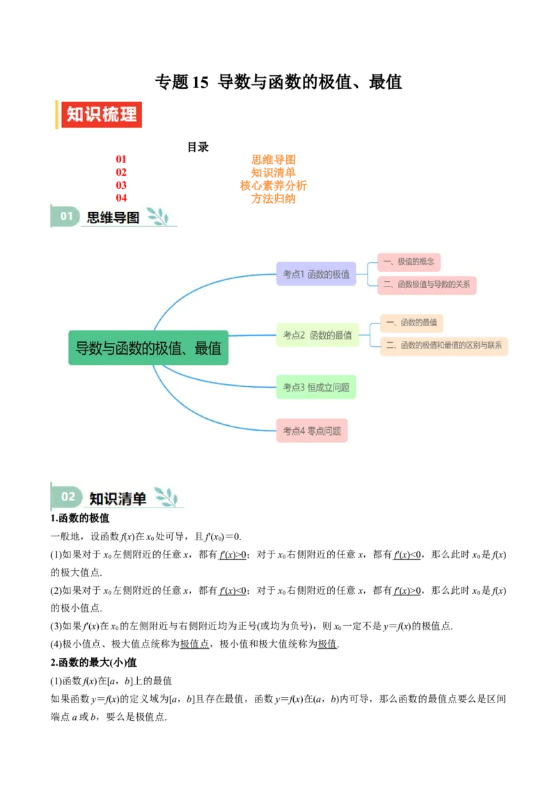 专题15导数与函数的极值、最值（思维导图+知识清单+核心素养分析+方法归纳）_02高考数学_新高考复习资料_2025年新高考复习
