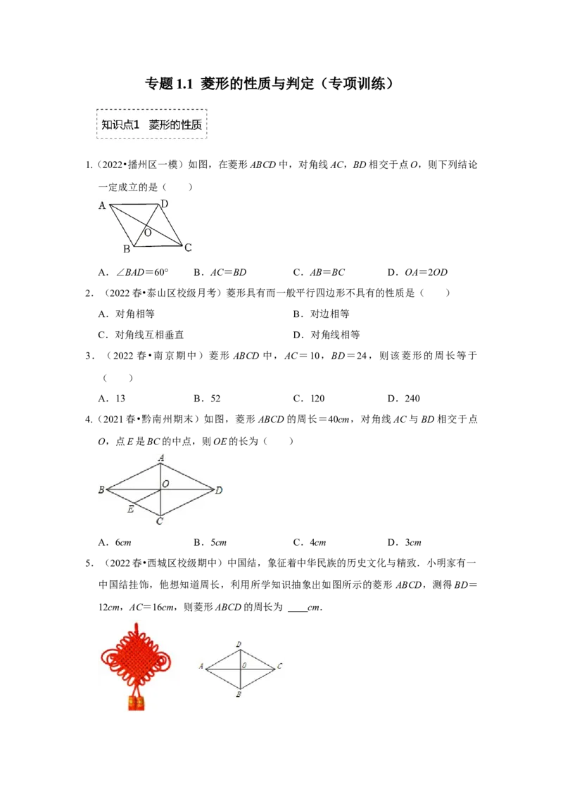专题1.1菱形的性质与判定（专项训练）-2022-2023学年九年级数学上册《同步考点解读&bull;专题训练》（北师大版）_北师大初中数学_9上-北师大版初中数学_06专项讲练