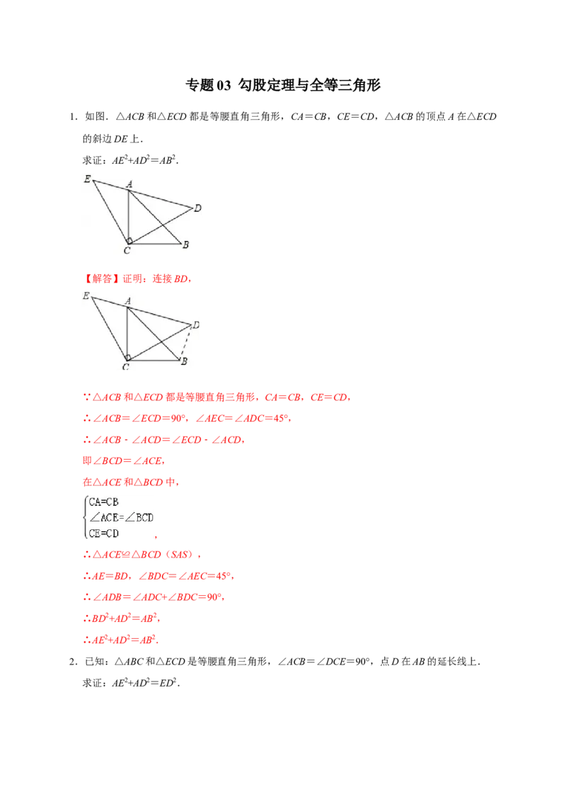 专题03勾股定理与全等三角形（解析版）_北师大初中数学_8上-北师大版初中数学_旧版_06专项讲练_微专题2022-2023学年八年级数学上册常考点微专题提分精练（北师大版）