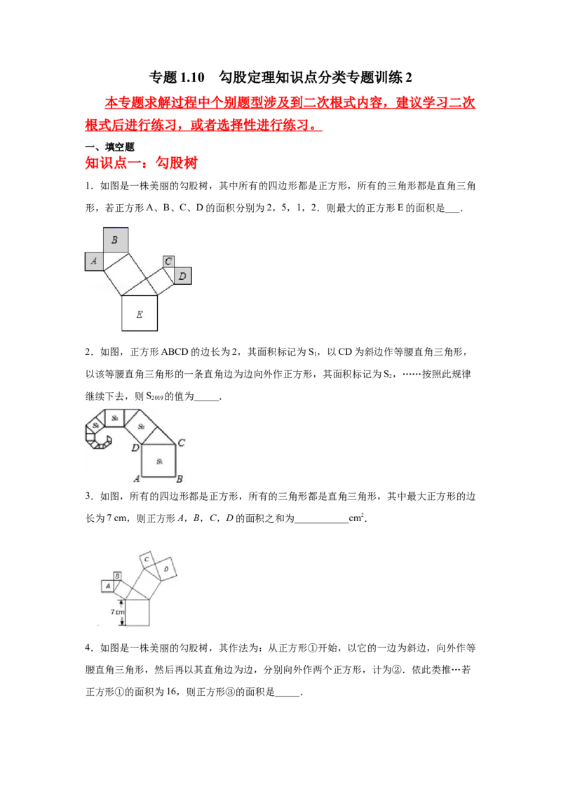 专题1.10勾股定理知识点分类专题训练2-2021-2022学年八年级数学上册基础知识专项讲练（北师大版）_北师大初中数学_8上-北师大版初中数学_旧版_06专项讲练