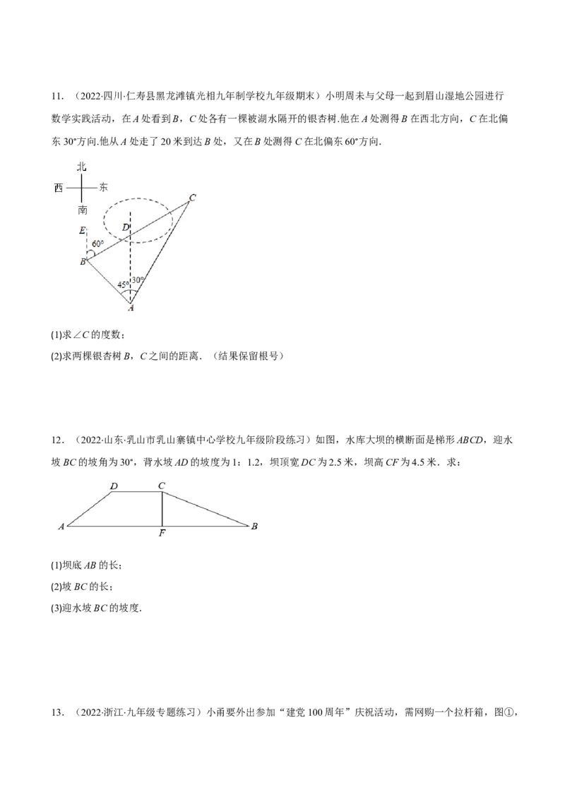 专题02利用三角函数解决实际问题(原卷版)（重点突围）_北师大初中数学_9上-北师大版初中数学_06专项讲练_学霸满分2022-2023学年九年级数学上册重难点专题提优训练（北师大版）