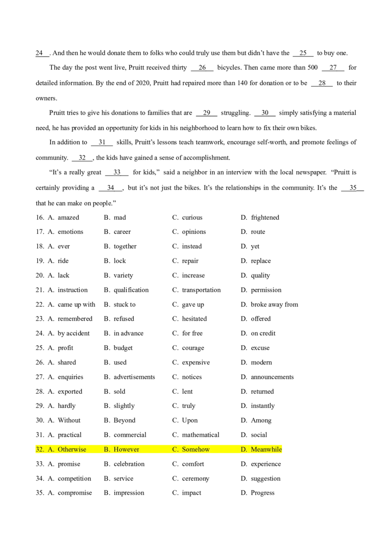 专题17完形填空之记叙文-2024年高考英语二轮热点题型归纳与变式演练（新高考通用）（原卷版）_03高考英语_新高考复习资料_2024年新高考资料_二轮复习资料