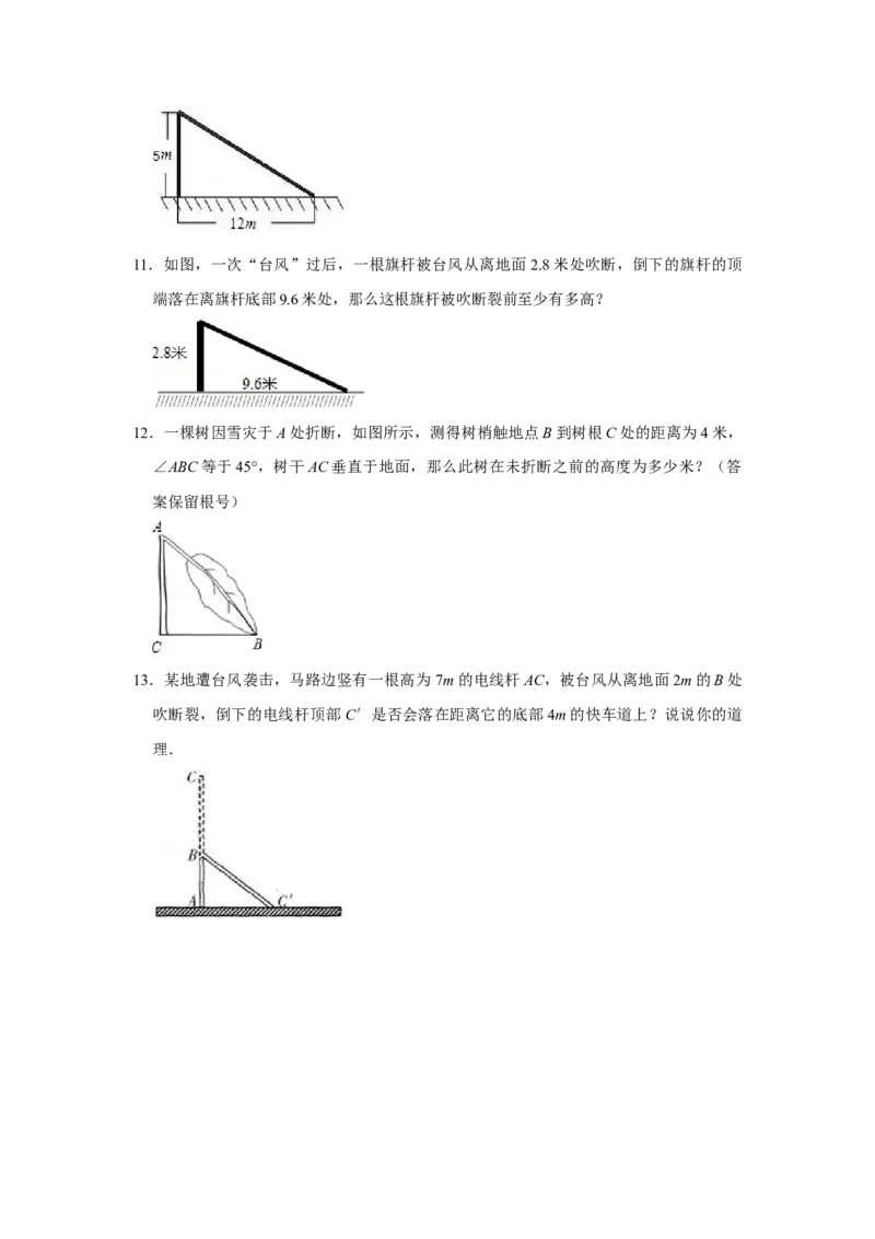专项06勾股定理之大树折断模型综合应用（2大类型）（原卷版）_北师大初中数学_8上-北师大版初中数学_旧版_06专项讲练_2022-2023学年八年级数学上册高分突破必练专题（北师大版）