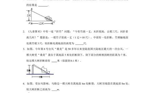 专项06勾股定理之大树折断模型综合应用（2大类型）（原卷版）_北师大初中数学_8上-北师大版初中数学_旧版_06专项讲练_2022-2023学年八年级数学上册高分突破必练专题（北师大版）