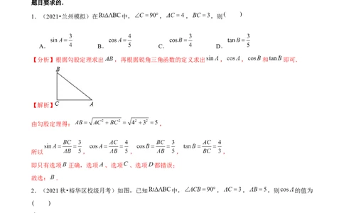 专题1.1锐角三角函数-九年级数学下册尖子生同步培优题典（解析版）北师大版_北师大初中数学_9下-北师大版初中数学_05习题试卷_1课时练习_同步练习（第1套）