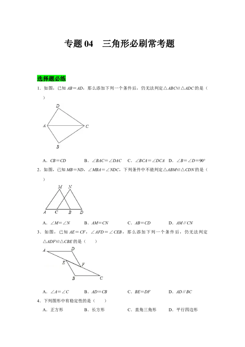 专题04三角形必刷常考题-七年级数学下学期期末冲刺满分必刷常考压轴题（北师大版）_北师大初中数学_7下-北师大版初中数学_7下-初中数学北师大版（旧版）赠送_06专项讲练_考点必刷