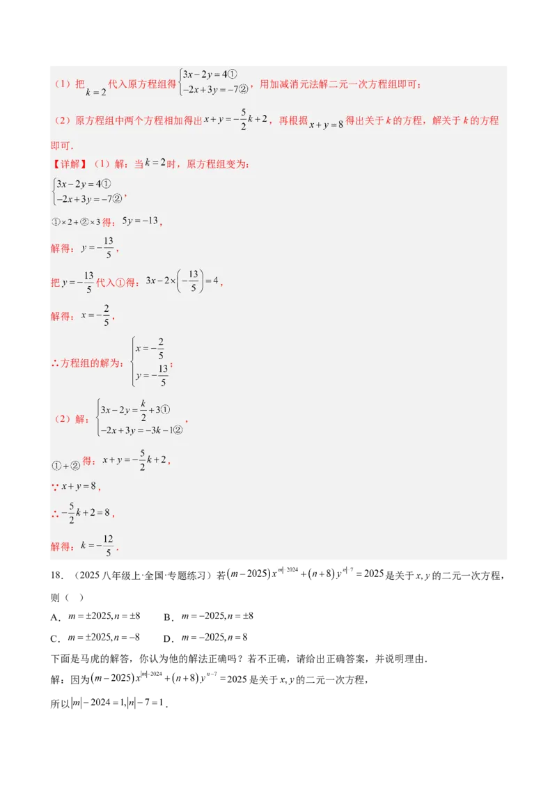 专题03二元一次方程（组）中含参数问题（5大题型）（专项训练）（教师版）_北师大初中数学_8上-北师大版初中数学_初中数学北师大8上-2025秋季新版_第二套推荐25_07习题试卷_第1套