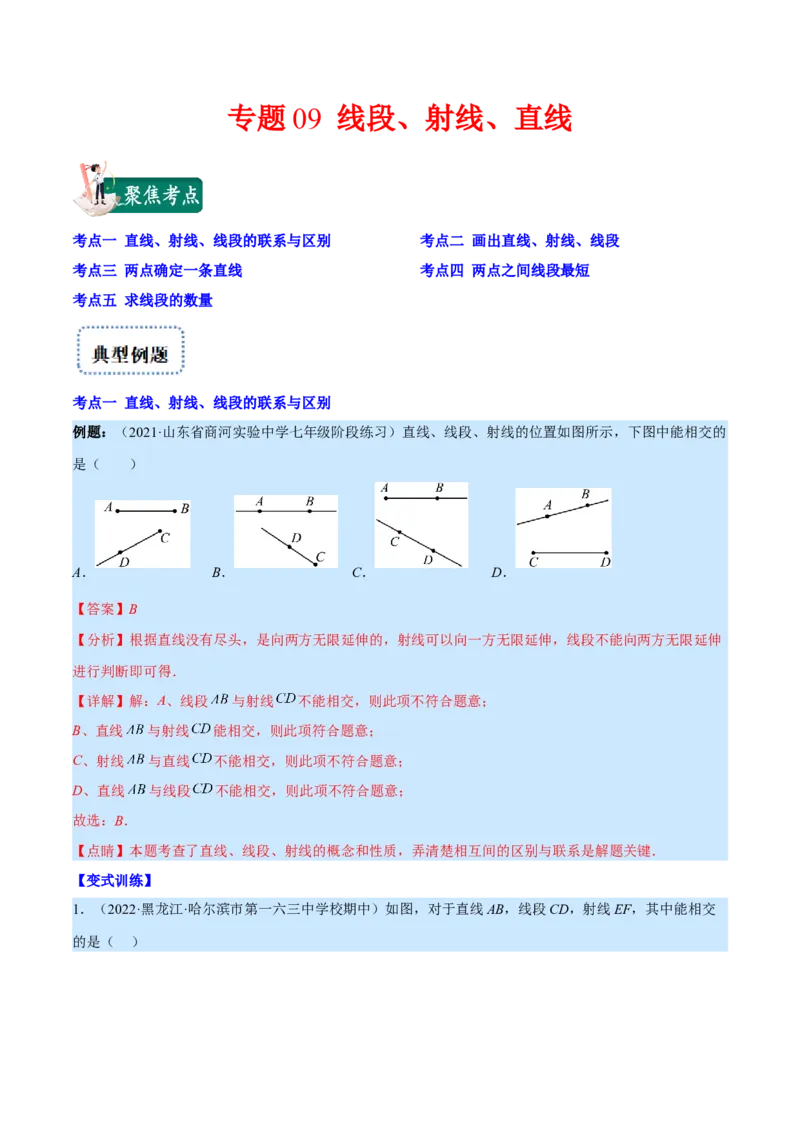 专题09线段、射线、直线(解析版)（重点突围）_北师大初中数学_7上-北师大版初中数学_7上-初中数学北师大（旧版）赠送_06专项讲练