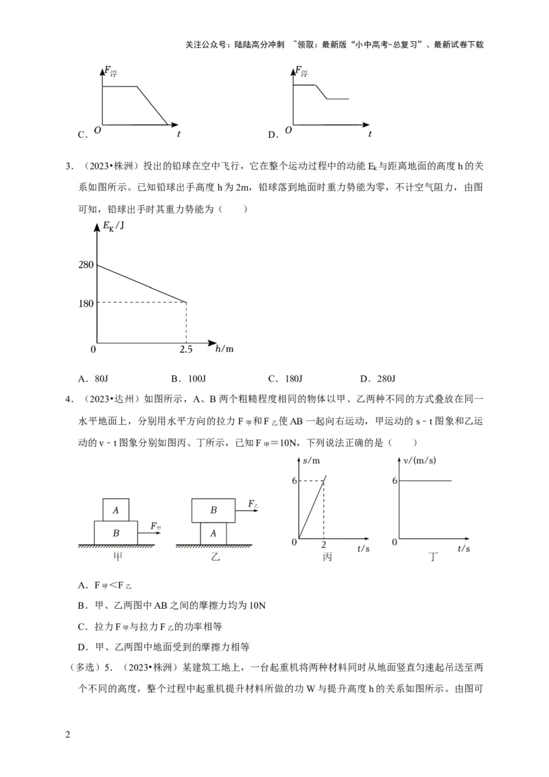 图像题02摩擦力、浮力、功和机械能（原卷版）_02中考总复习（2026版更新中）_04-物理-中考总复习_2024年中考复习资料_二轮复习_（讲义+练习）2024年中考物理二轮题型专项复习