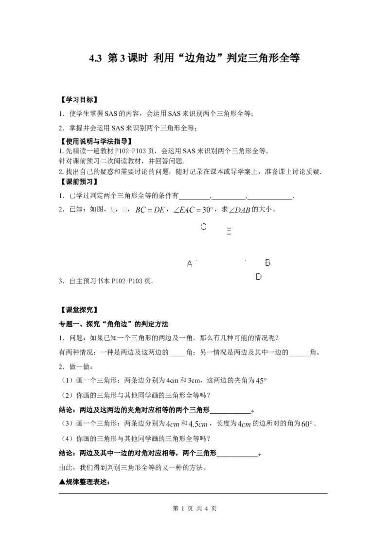 4.3第3课时利用&ldquo;边角边&rdquo;判定三角形全等_北师大初中数学_7下-北师大版初中数学_7下-初中数学北师大版（旧版）赠送_04学案