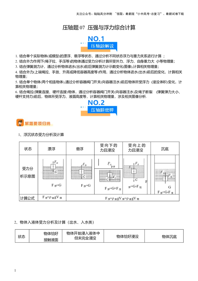 压轴题07压强与浮力综合计算（解析版）_02中考总复习（2026版更新中）_04-物理-中考总复习_2024年中考复习资料_三轮复习_2024年中考物理压轴题专项训练（全国通用）