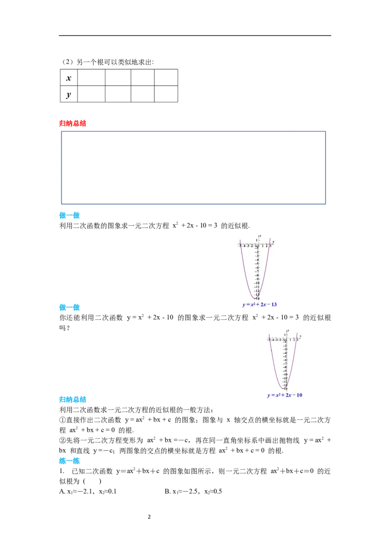 2.5第2课时利用二次函数求方程的近似根导学案_北师大初中数学_9下-北师大版初中数学_01课件+教案+学案新课标_导学案_2.BS九下第二章二次函数