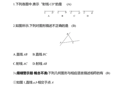 4.1　线段、射线、直线(第1课时)_北师大初中数学_7上-北师大版初中数学_7上-初中数学北师大（2024新版）持续更新_06习题试卷_同步练习