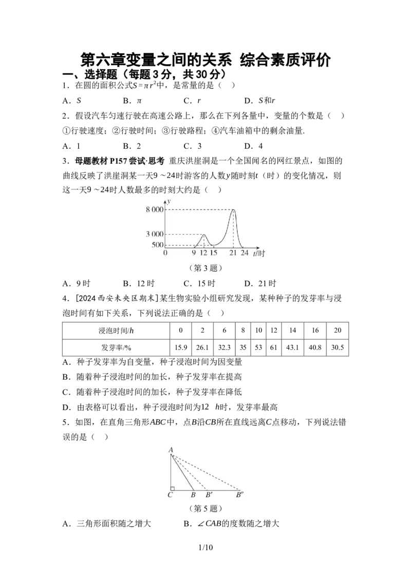 2024-2025学年北师大版数学七年级下册第六章变量之间的关系综合素质评价单元测试（含答案）_北师大初中数学_7下-北师大版初中数学_7下-初中数学北师大版（2025春季新版）持续更新