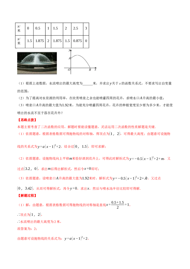 专题22.7喷水问题&mdash;&mdash;二次函数的应用（压轴题专项讲练）（人教版）（教师版）_初中数学_九年级数学上册（人教版）_压轴题专项-V5_2025版