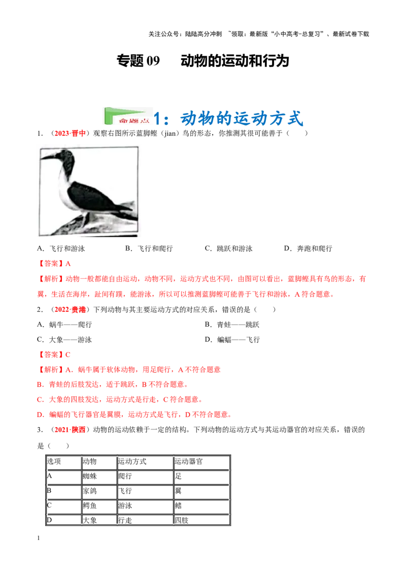 专题09&nbsp;动物的运动和行为（解析版）_02中考总复习（2026版更新中）_08-生物-中考总复习_2024年中考复习资料_专项复习_完三年（2021-2023）中考生物真题分项汇编（全国通用）_答案解析版