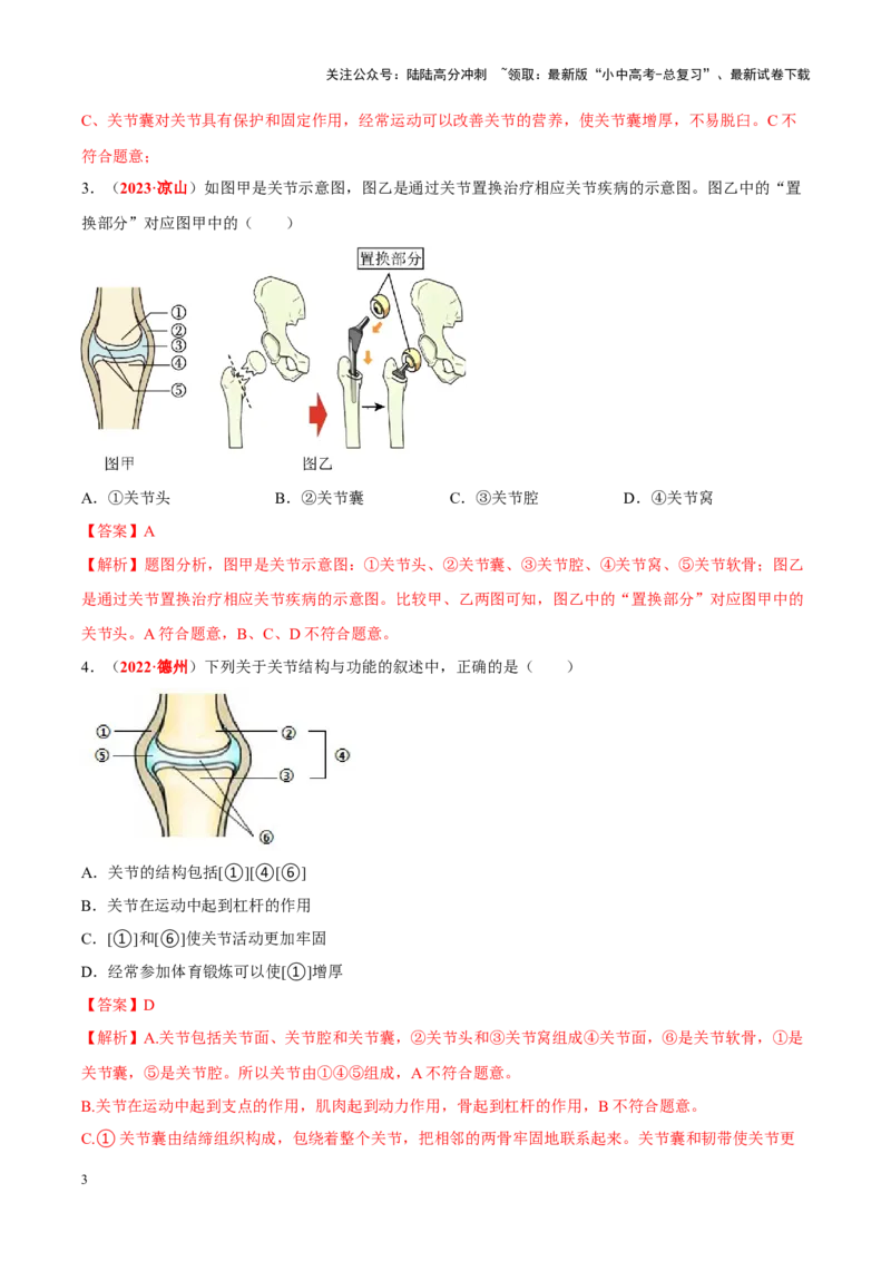 专题09&nbsp;动物的运动和行为（解析版）_02中考总复习（2026版更新中）_08-生物-中考总复习_2024年中考复习资料_专项复习_完三年（2021-2023）中考生物真题分项汇编（全国通用）_答案解析版