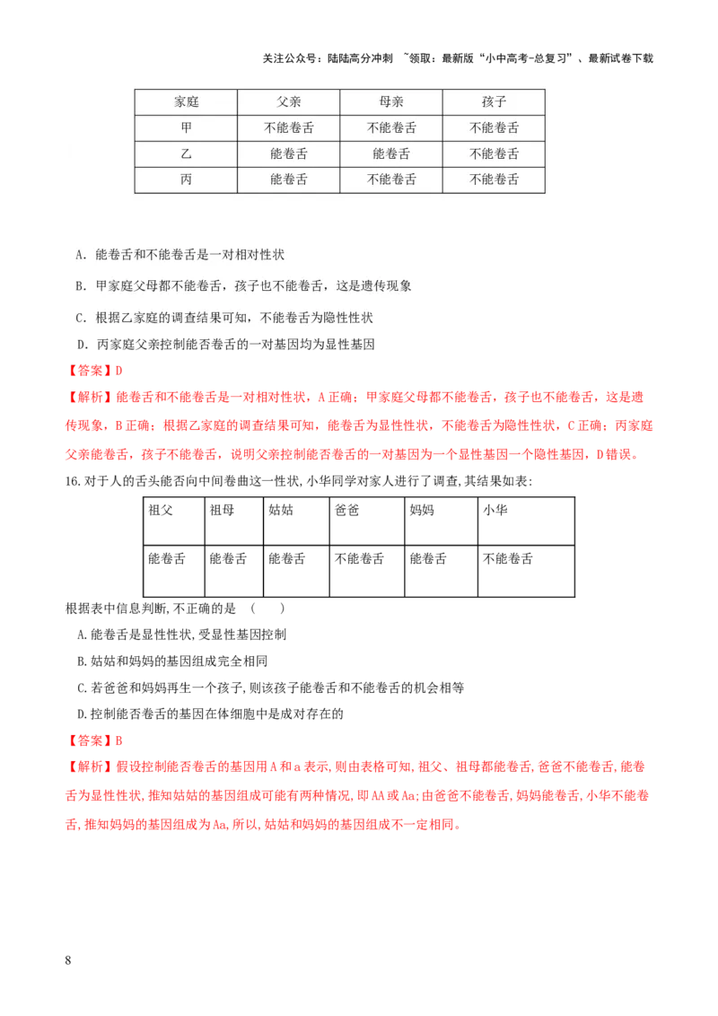 专题21生物的遗传和变异（练习）（解析版）_02中考总复习（2026版更新中）_08-生物-中考总复习_2024年中考复习资料_一轮复习_❤2024年中考生物一轮复习讲练测（全国通用）_练习