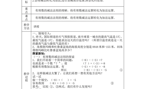 2.5有理数的减法2_北师大初中数学_7上-北师大版初中数学_7上-初中数学北师大（旧版）赠送_03教案_全册教案3（赠送）