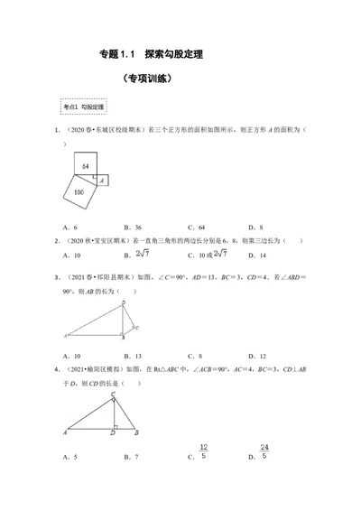 专题1.1探索勾股定理（专项训练）-2022-2023学年八年级数学上册《同步考点解读&bull;专题训练》（北师大版）_北师大初中数学_8上-北师大版初中数学_旧版_06专项讲练