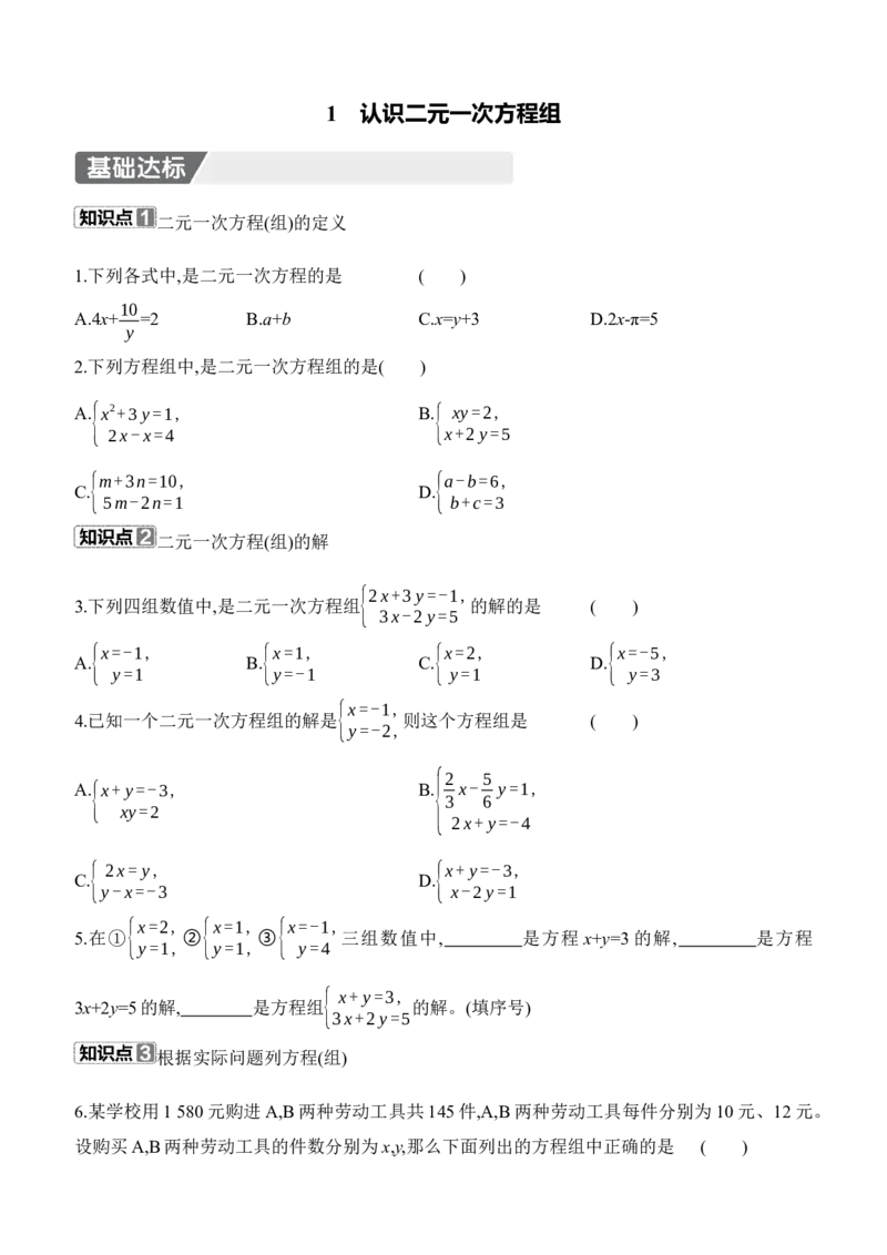 5.1　认识二元一次方程组分层练习（含答案）2025-2026学年数学北师大版（2024）八年级上册_北师大初中数学_8上-北师大版初中数学_初中数学北师大8上-2025秋季新版_第二套推荐25