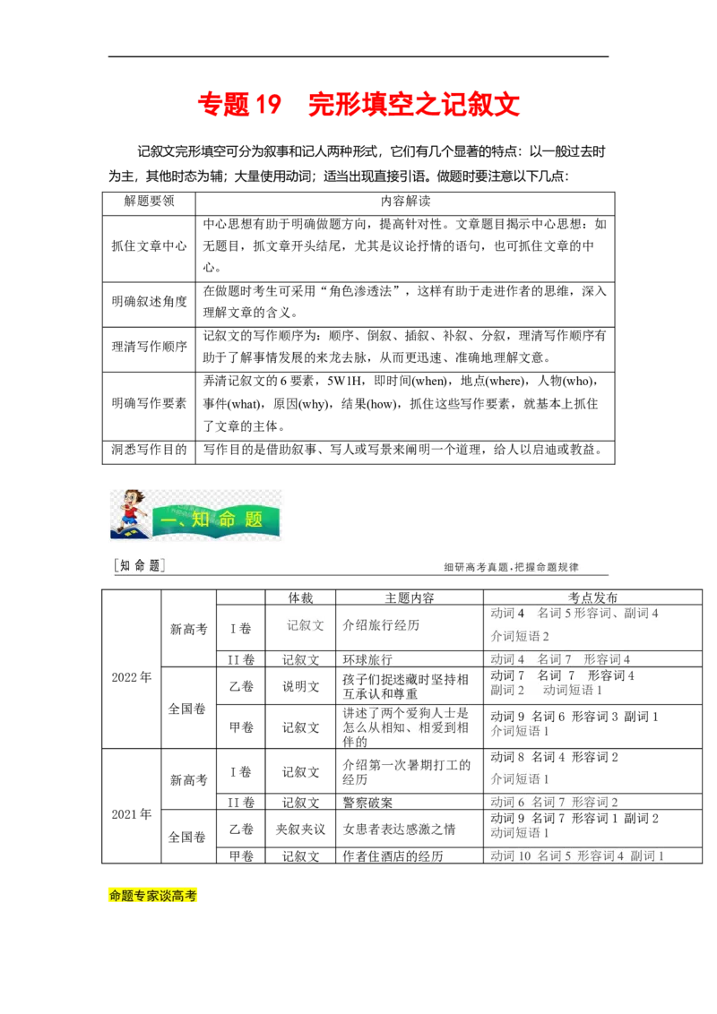 专题19完形填空之记叙文（原卷版）_03高考英语_通用版（老高考）复习资料_2023年复习资料_二轮复习_2023年高考英语毕业班二轮热点题型归纳与变式演练（全国通用）