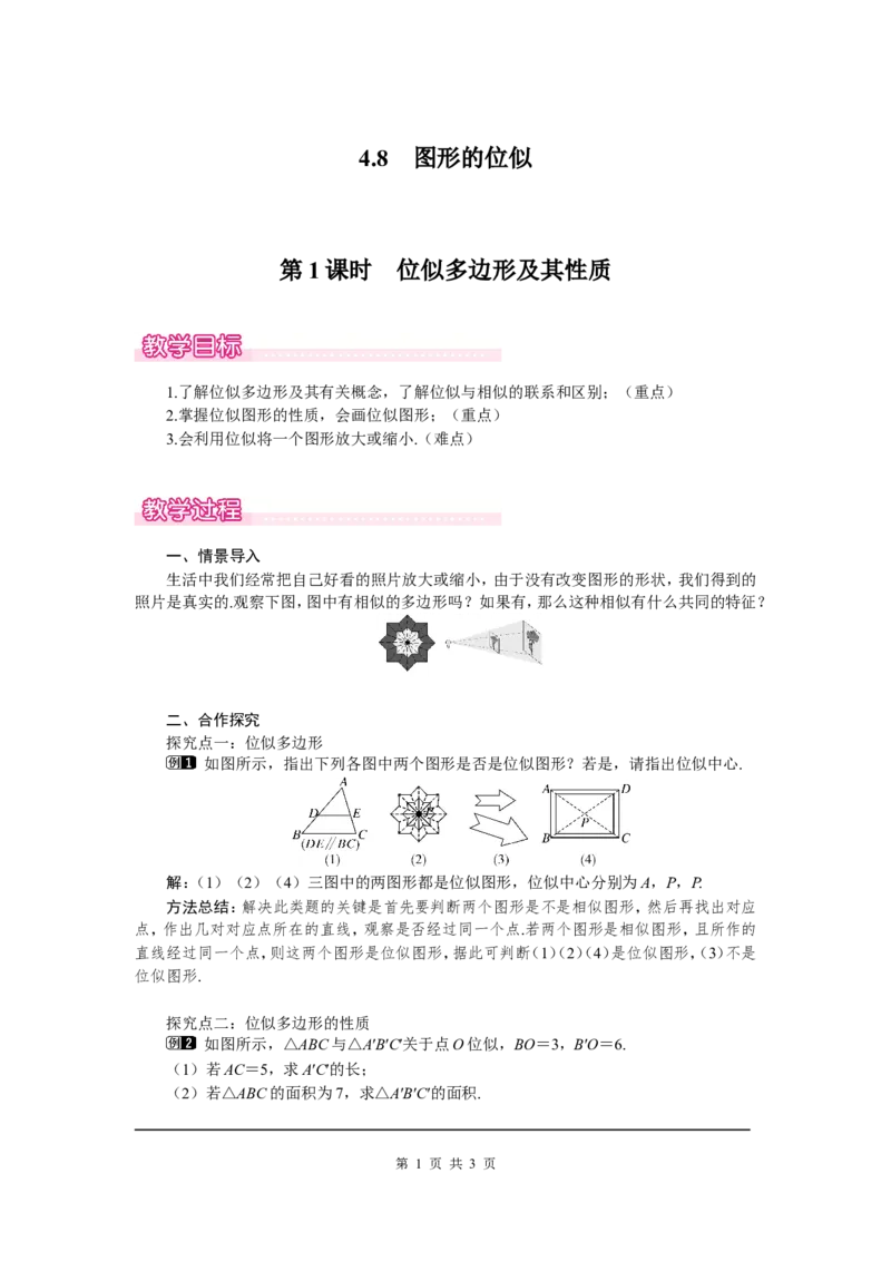 4.8第1课时位似多边形及其性质1_北师大初中数学_9上-北师大版初中数学_03教案_全册教案（第1套）