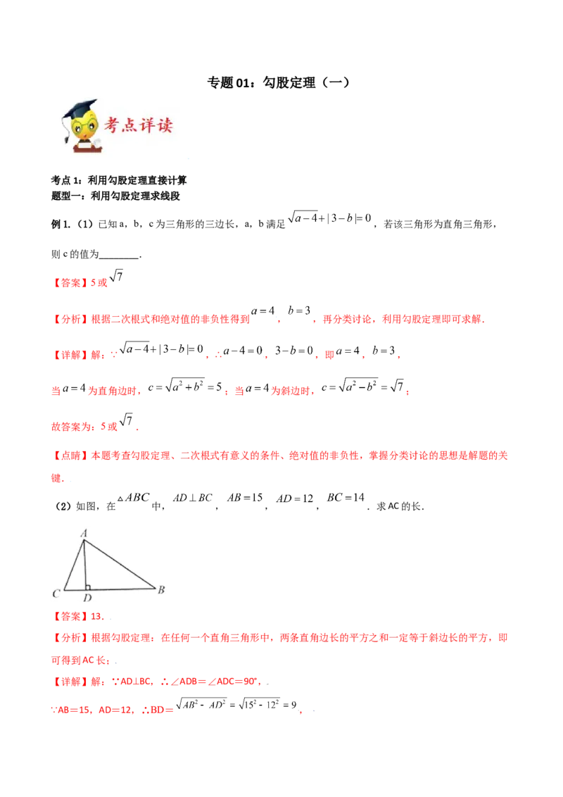 专题01勾股定理（一）（解析版）-2021-2020学年八年级数学上册基础考点专题培优训练+重要题型小专题（北师大版）_北师大初中数学_8上-北师大版初中数学_旧版_06专项讲练