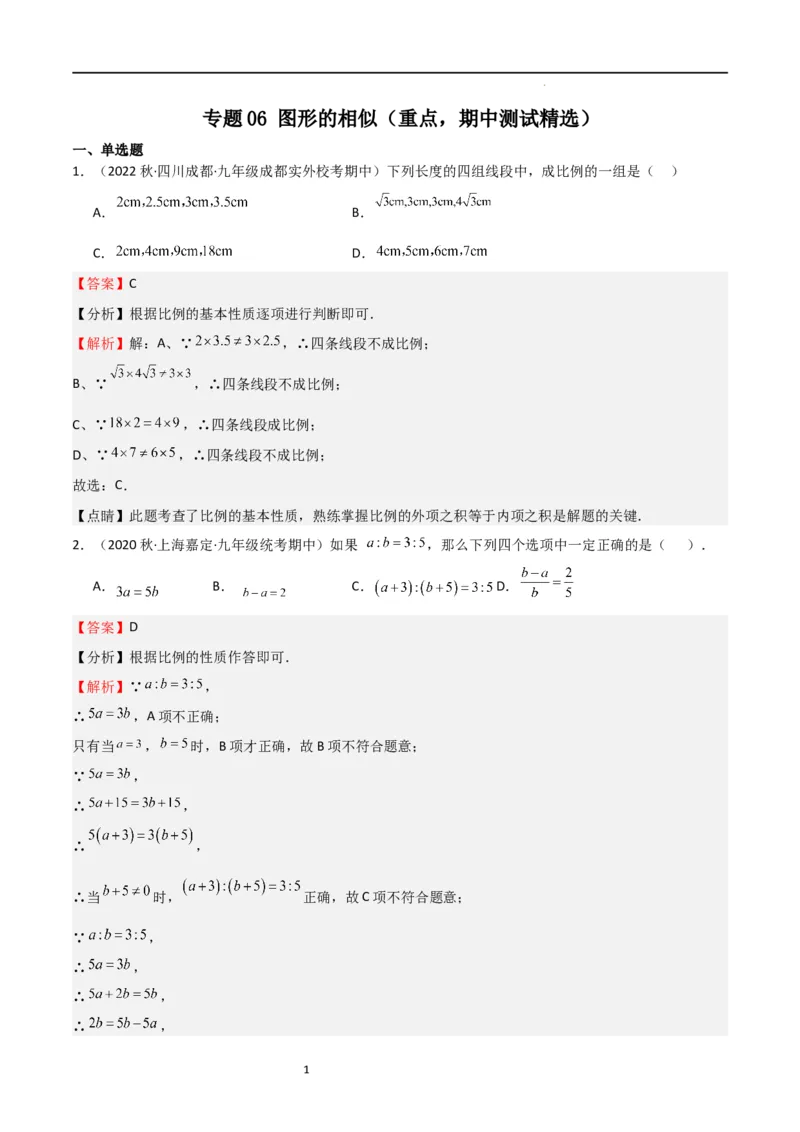 专题06图形的相似（重点，期中测试精选）（解析版）_北师大初中数学_9上-北师大版初中数学_05习题试卷_5专项练习